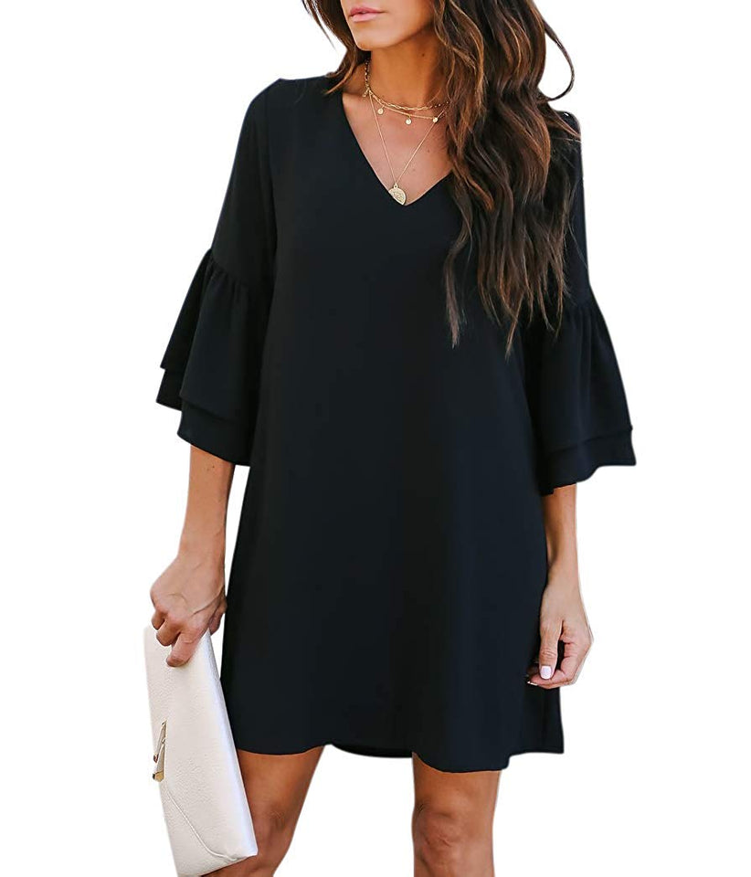BELONGSCI Women's Dress Sweet & Cute V-Neck Bell Sleeve Shift Dress Mini Dress
