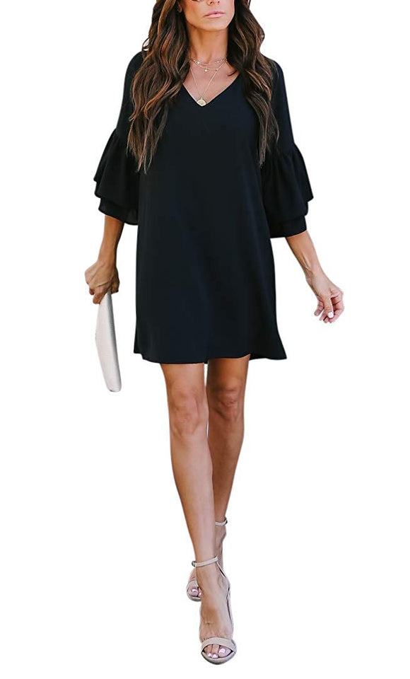 BELONGSCI Women s Dress Sweet Cute V Neck Bell Sleeve Shift Dress Mi Modegeschaft Elizabeth