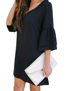 BELONGSCI Women's Dress Sweet & Cute V-Neck Bell Sleeve Shift Dress Mini Dress