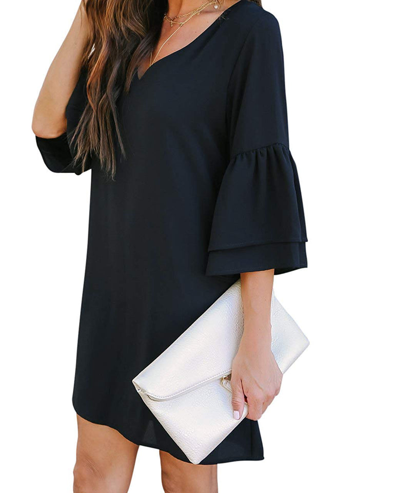 BELONGSCI Women's Dress Sweet & Cute V-Neck Bell Sleeve Shift Dress Mini Dress