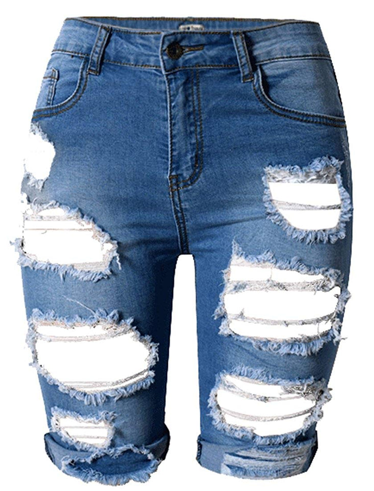 OLRAIN Womens High Waist Ripped Hole Washed Distressed Short Jeans