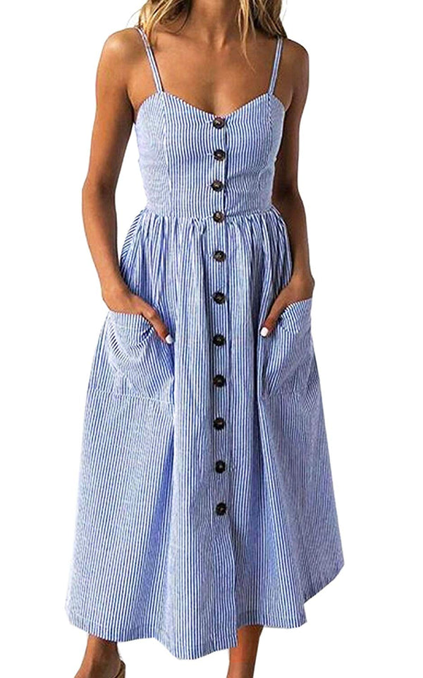 Angashion Women's Dresses-Summer Floral Bohemian Spaghetti Strap Button Down Swing Midi Dress with Pockets