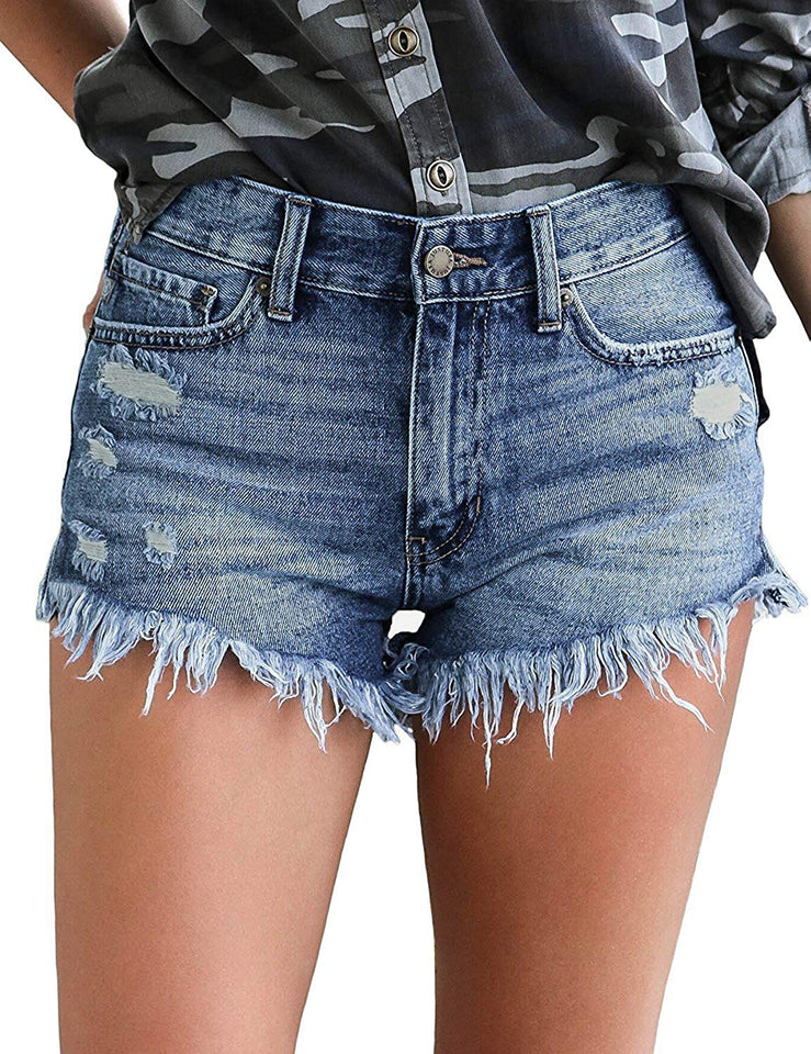 luvamia Women's Mid Rise Shorts Frayed Raw Hem Ripped Denim Jean Shorts