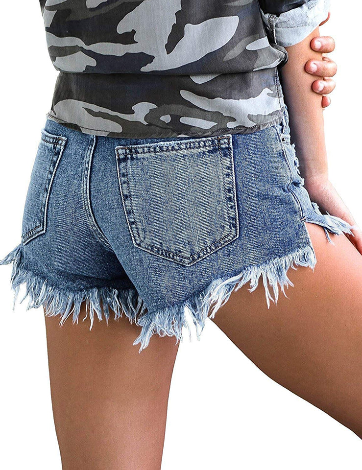 luvamia Women's Mid Rise Shorts Frayed Raw Hem Ripped Denim Jean Shorts